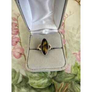 Vintage 60s Uncus Sterling Silver Marquis Tigers Eye Ring Size 8.25